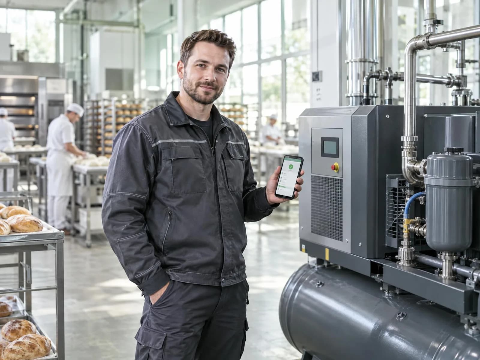 Servisní technik u průmyslového kompresoru drží telefon s aplikací Servis a sklad
