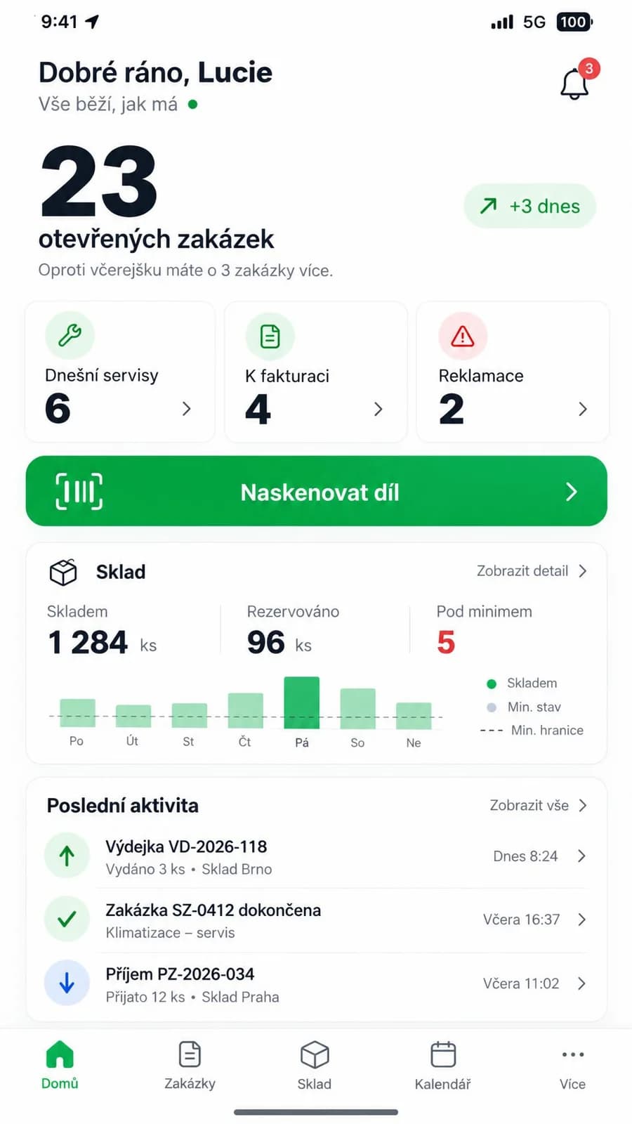Úvodní obrazovka mobilní aplikace: 23 otevřených zakázek, dnešní servisy, sklad a poslední aktivita