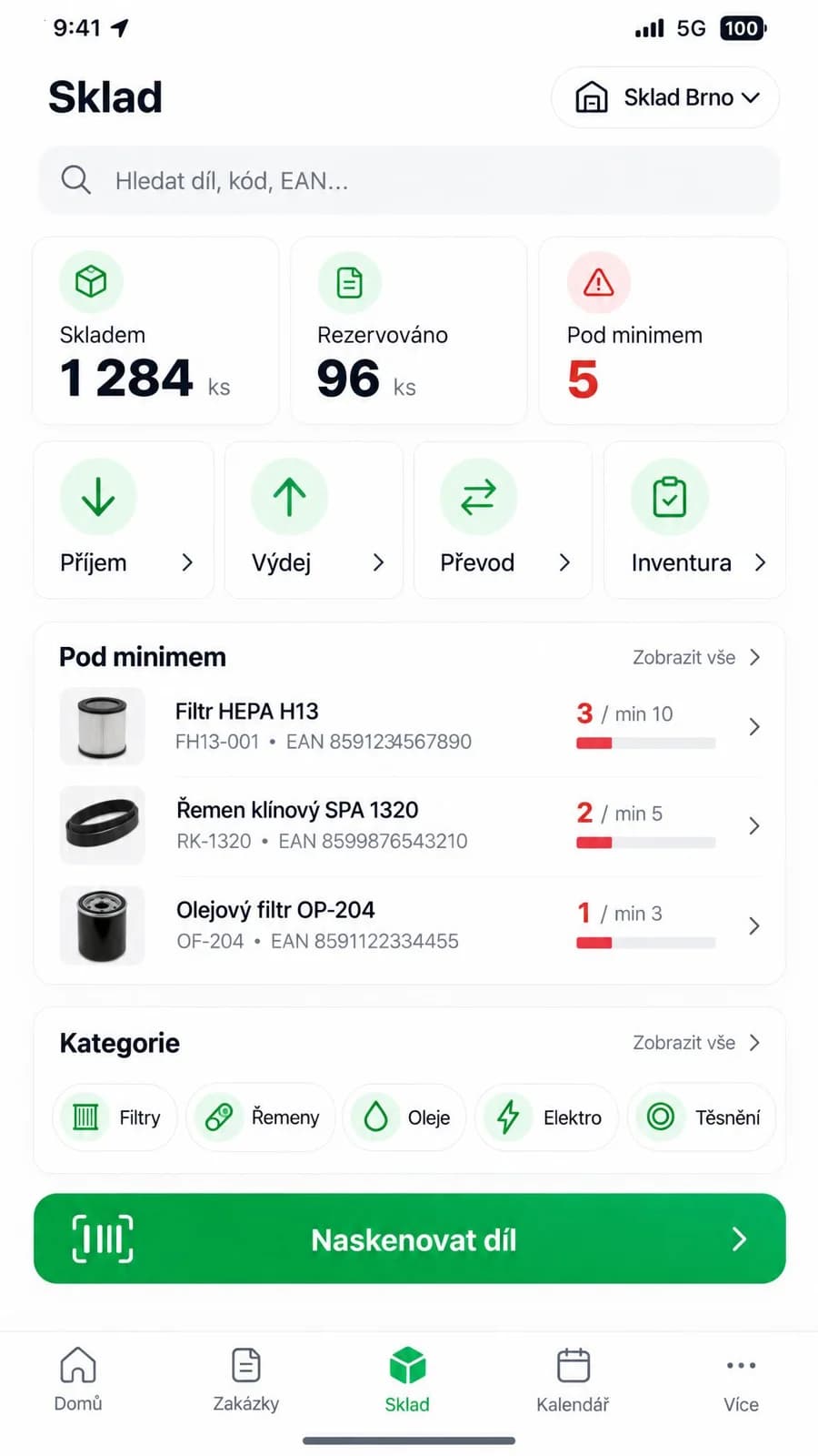 Přehled skladu se stavy a rychlými akcemi