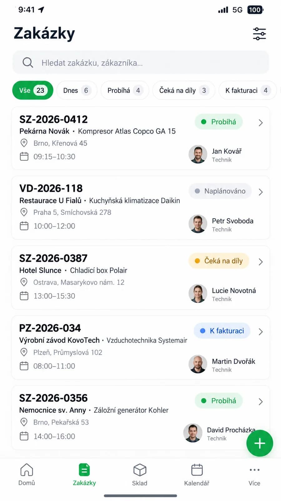 Seznam servisních zakázek s filtry a stavy