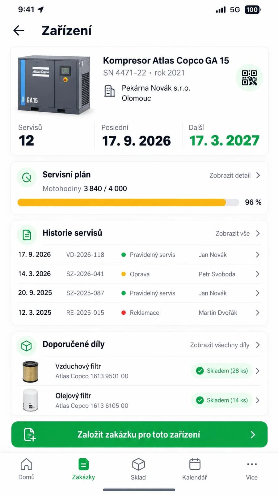 Detail zařízení se servisním plánem, motohodinami a historií servisů